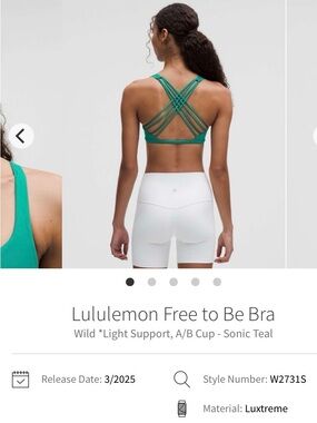 Lululemon Free to Be Bra
Wild *Light Support, A/B Cup - Sonic Teal